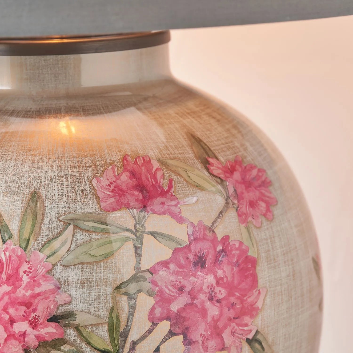 Jenny Worrall Fuchsia Pink Rhododendron & Foliage Warm Champagne & Gold Glass Table Lamp Base with Bulbous Shape & Antique Brass Feet – Handcrafted Luxury Floral Lighting 42x28x28cm | Click Style