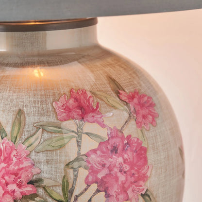 Jenny Worrall Fuchsia Pink Rhododendron & Foliage Warm Champagne & Gold Glass Table Lamp Base with Bulbous Shape & Antique Brass Feet – Handcrafted Luxury Floral Lighting 42x28x28cm | Click Style