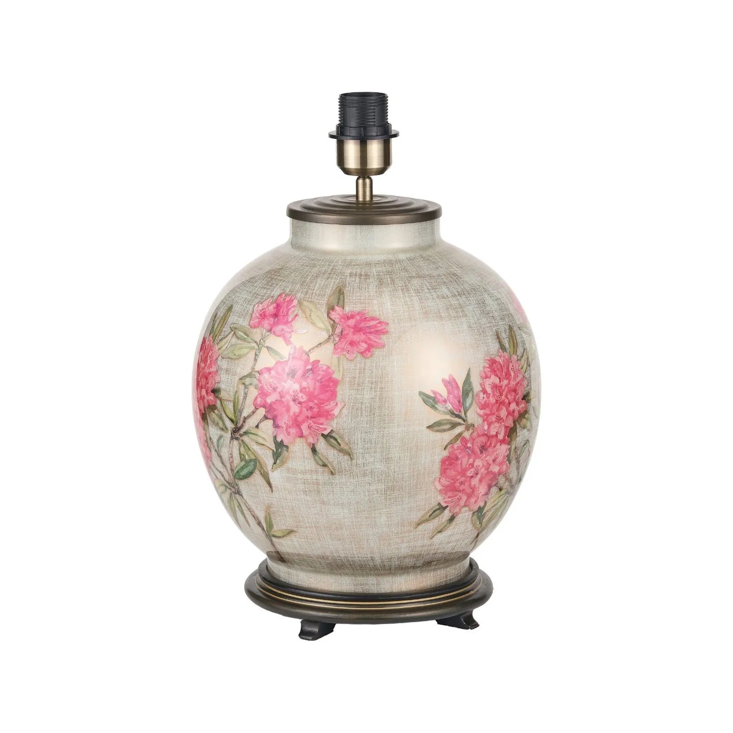 Jenny Worrall Fuchsia Pink Rhododendron & Foliage Warm Champagne & Gold Glass Table Lamp with Steel Grey Cotton Drum Shade & Antique Brass Feet – Handcrafted Luxury Floral Lighting 59x45x45cm | Click Style