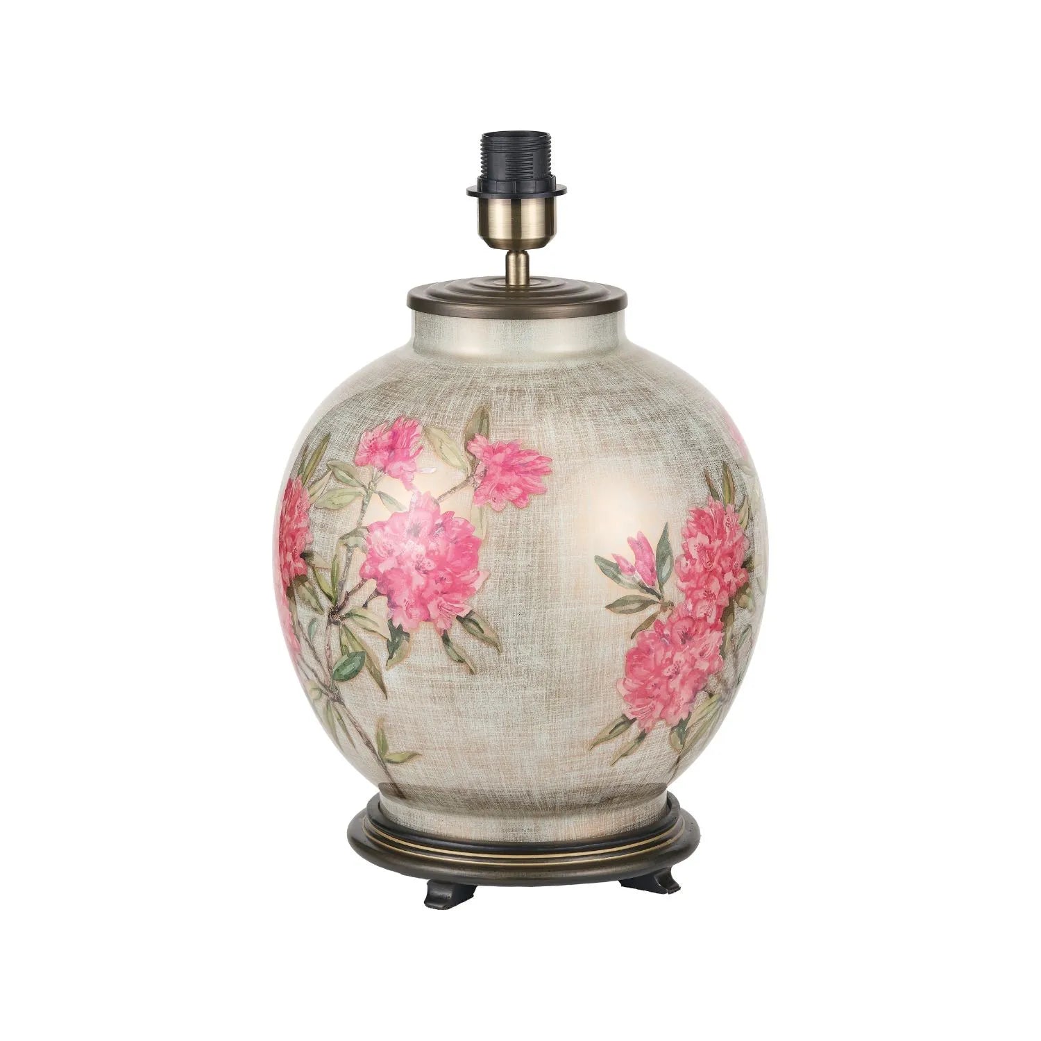 Jenny Worrall Fuchsia Pink Rhododendron & Foliage Warm Champagne & Gold Glass Table Lamp with Steel Grey Cotton Drum Shade & Antique Brass Feet – Handcrafted Luxury Floral Lighting 59x45x45cm | Click Style