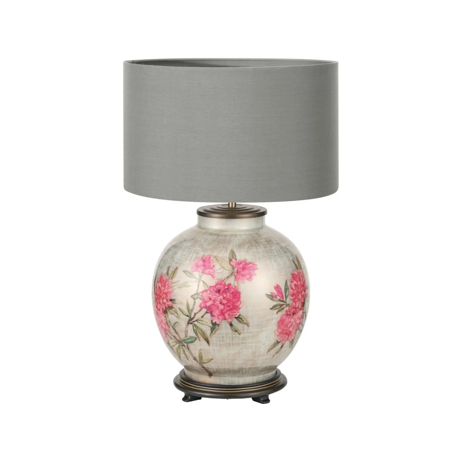 Jenny Worrall Fuchsia Pink Rhododendron & Foliage Warm Champagne & Gold Glass Table Lamp with Steel Grey Cotton Drum Shade & Antique Brass Feet – Handcrafted Luxury Floral Lighting 59x45x45cm | Click Style