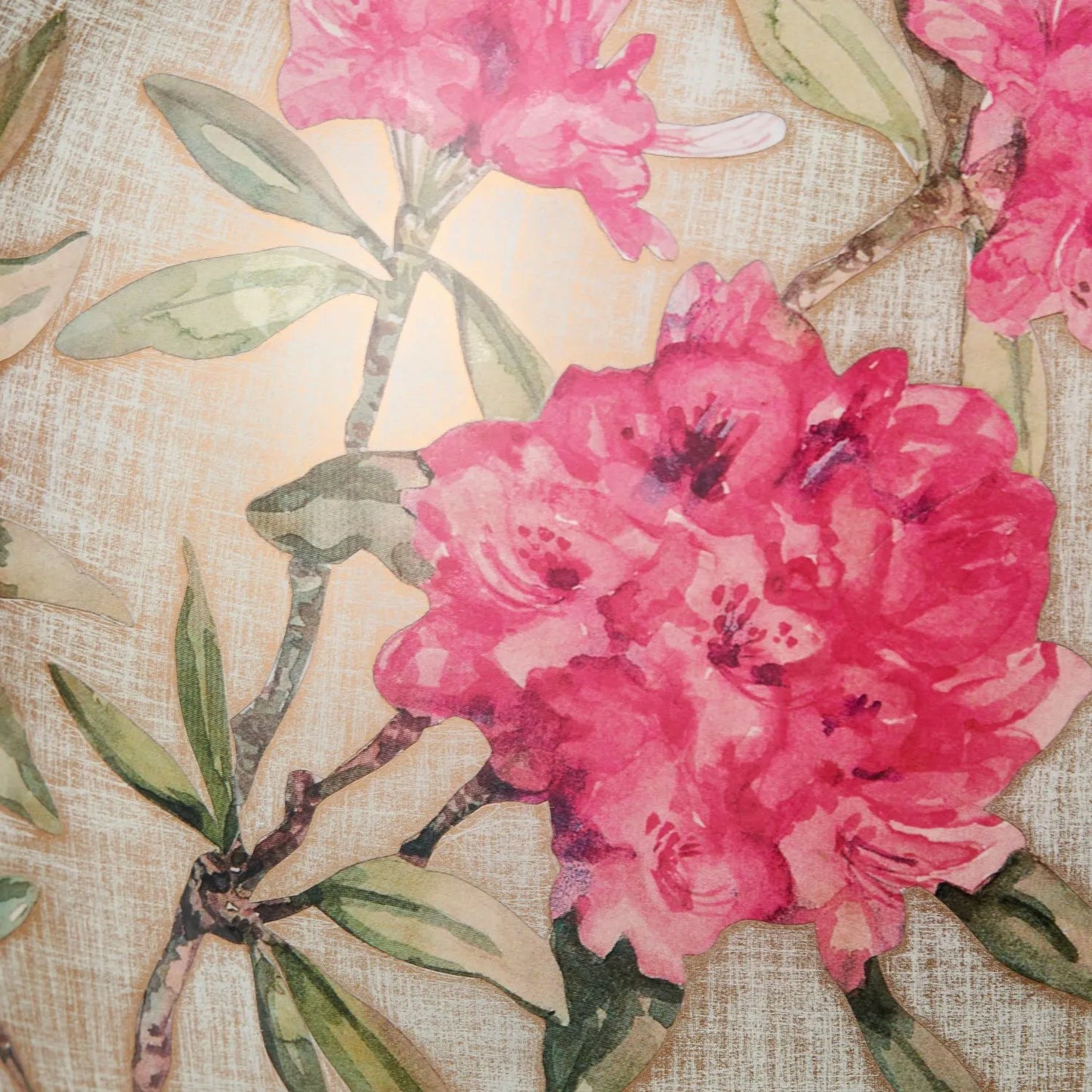 Jenny Worrall Fuchsia Pink Rhododendron & Foliage Warm Champagne & Gold Glass Table Lamp with Steel Grey Cotton Drum Shade & Antique Brass Feet – Handcrafted Luxury Floral Lighting 59x45x45cm | Click Style