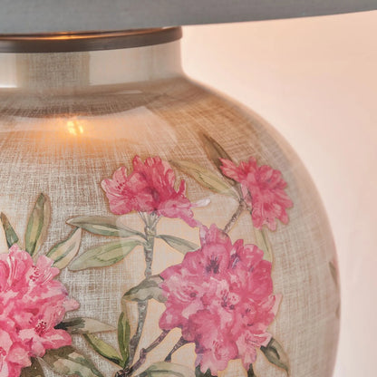 Jenny Worrall Fuchsia Pink Rhododendron & Foliage Warm Champagne & Gold Glass Table Lamp with Steel Grey Cotton Drum Shade & Antique Brass Feet – Handcrafted Luxury Floral Lighting 59x45x45cm | Click Style