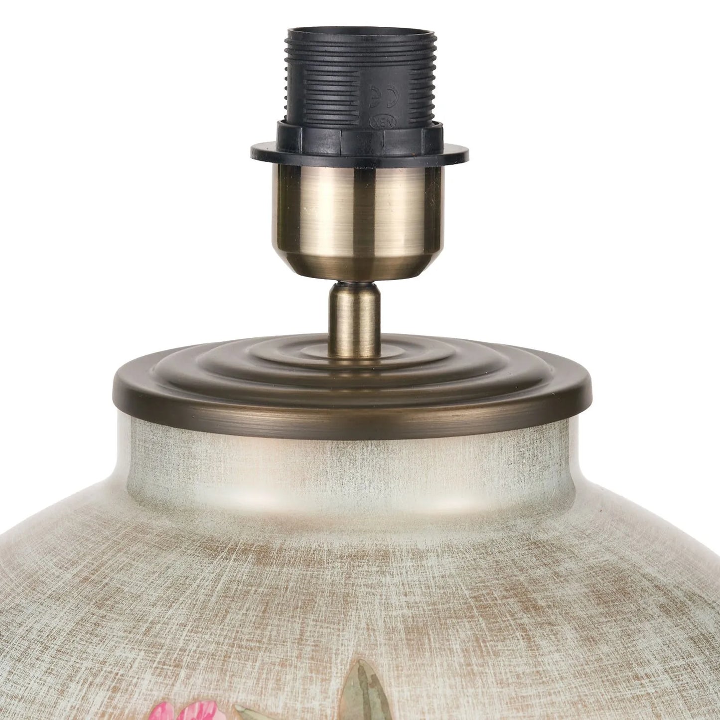 Jenny Worrall Fuchsia Pink Rhododendron & Foliage Warm Champagne & Gold Glass Table Lamp with Steel Grey Cotton Drum Shade & Antique Brass Feet – Handcrafted Luxury Floral Lighting 59x45x45cm | Click Style