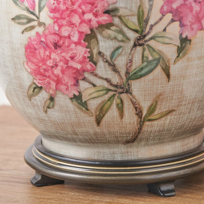 Jenny Worrall Fuchsia Pink Rhododendron & Foliage Warm Champagne & Gold Glass Table Lamp with Steel Grey Cotton Drum Shade & Antique Brass Feet – Handcrafted Luxury Floral Lighting 59x45x45cm | Click Style