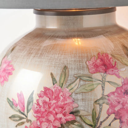 Jenny Worrall Fuchsia Pink Rhododendron & Foliage Warm Champagne & Gold Glass Table Lamp with Steel Grey Cotton Drum Shade & Antique Brass Feet – Handcrafted Luxury Floral Lighting 59x45x45cm | Click Style