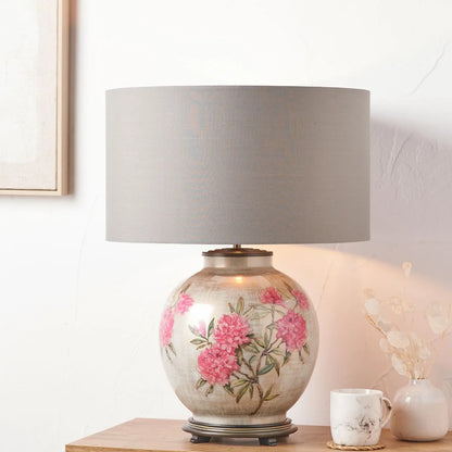 Jenny Worrall Fuchsia Pink Rhododendron & Foliage Warm Champagne & Gold Glass Table Lamp with Steel Grey Cotton Drum Shade & Antique Brass Feet – Handcrafted Luxury Floral Lighting 59x45x45cm | Click Style