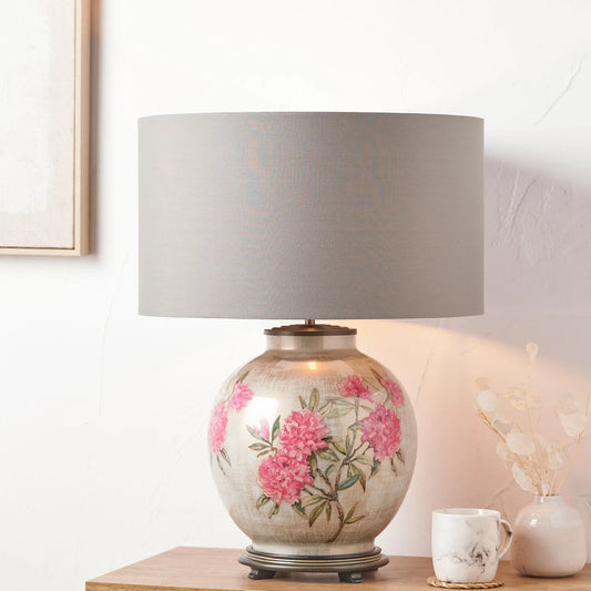 Jenny Worrall Fuchsia Pink Rhododendron & Foliage Warm Champagne & Gold Glass Table Lamp with Steel Grey Cotton Drum Shade & Antique Brass Feet – Handcrafted Luxury Floral Lighting 59x45x45cm | Click Style