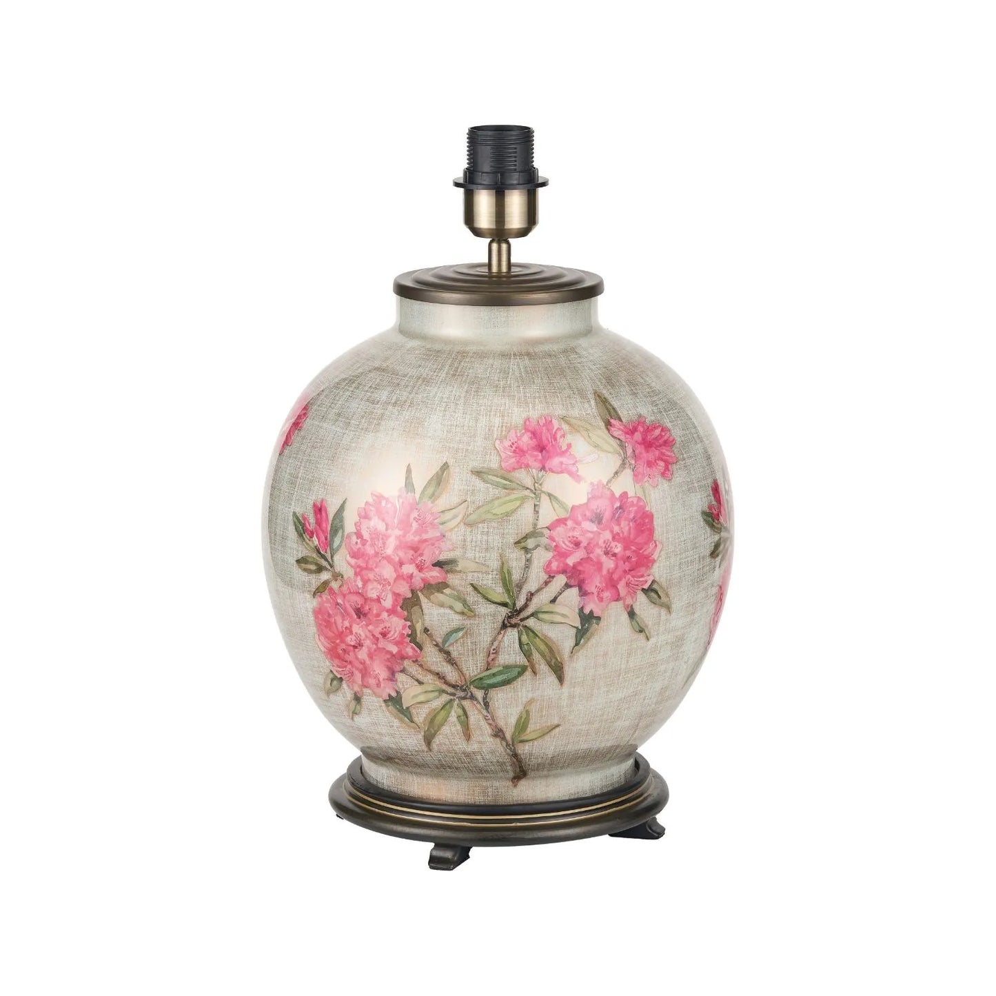 Jenny Worrall Fuchsia Pink Rhododendron & Foliage Warm Champagne & Gold Glass Table Lamp with Steel Grey Cotton Drum Shade & Antique Brass Feet – Handcrafted Luxury Floral Lighting 59x45x45cm | Click Style