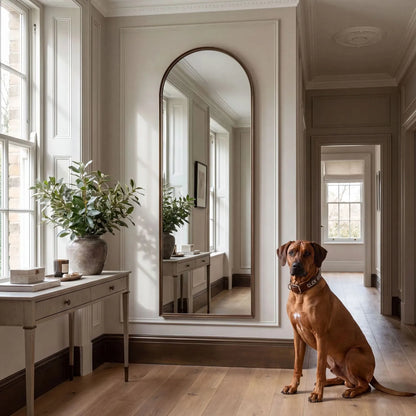 Full Length Aged Bronze Channel Frame Arched Leaner Mirror 170x50.5x4cm Full Body Floor Mirror with Slim Bronze Metal Frame for Bedrooms, Dressing Rooms, Hallways and Living Spaces | Click Style