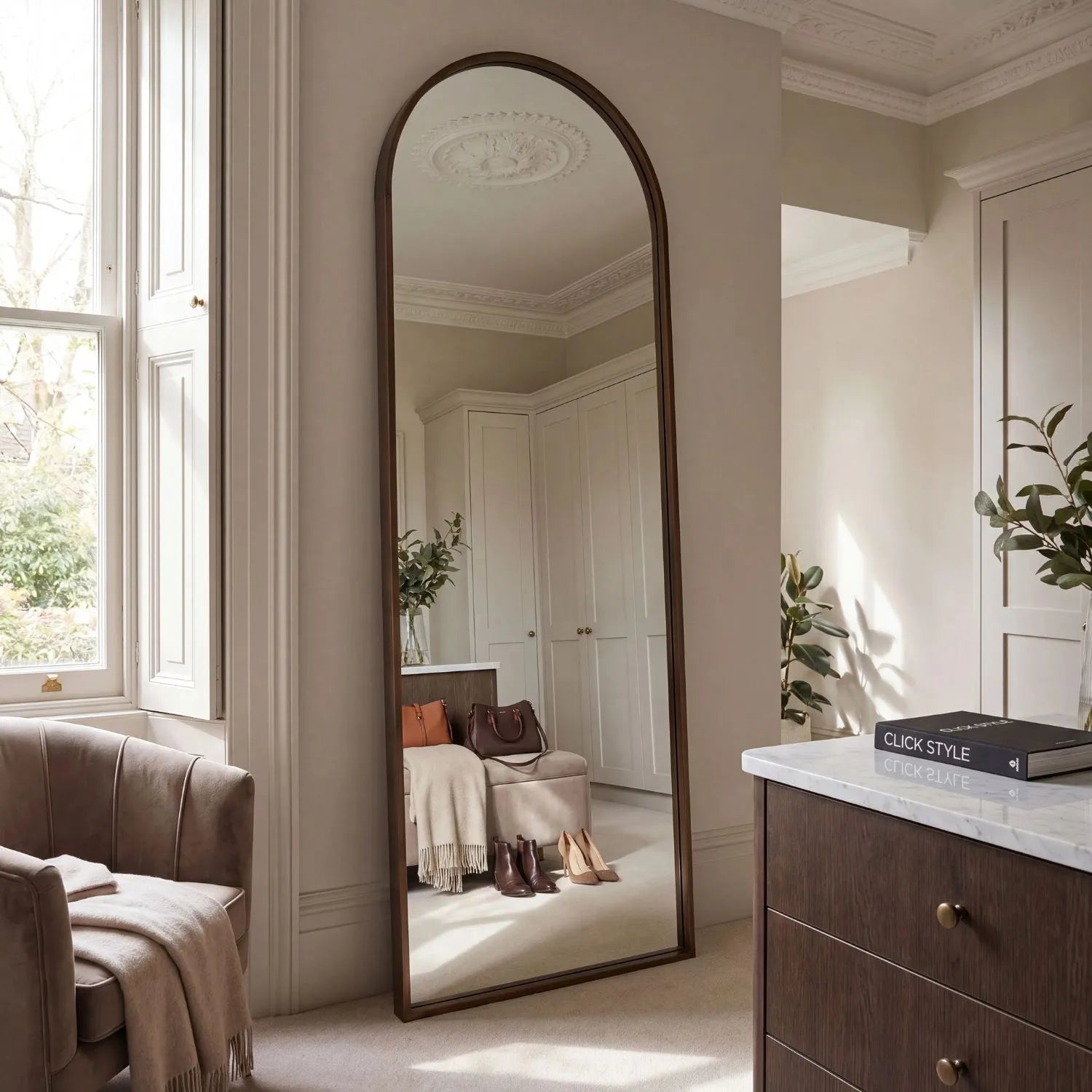 Full Length Aged Bronze Channel Frame Arched Leaner Mirror 170x50.5x4cm Full Body Floor Mirror with Slim Bronze Metal Frame for Bedrooms, Dressing Rooms, Hallways and Living Spaces | Click Style