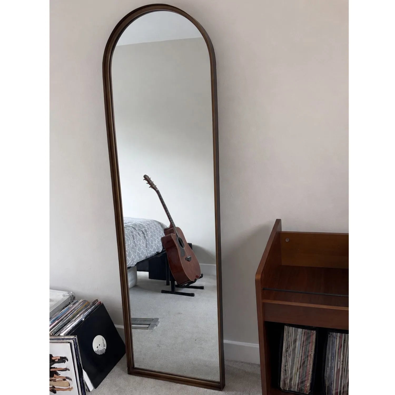 Full Length Aged Bronze Channel Frame Arched Leaner Wall Mirror styled in a real customer bedroom 170x50.5x4cm | Click Style