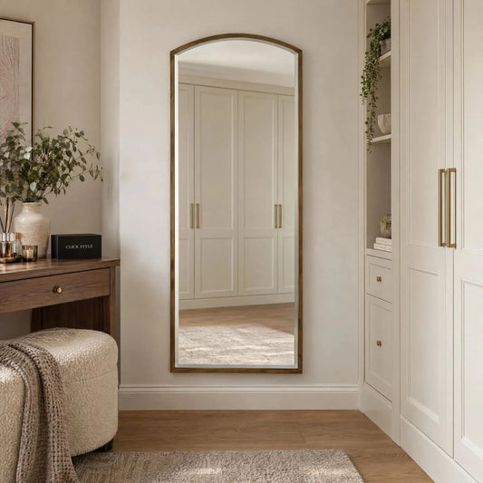 Full Length Antique Gold Arched Wall Mirror with Slim Metal Frame & Bevelled Glass – Decorative Full Body Mirror 150x60x2.5cm displayed in a luxury dressing room with cream fitted wardrobes and walnut furniture | Click Style