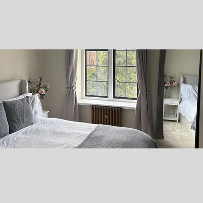Full Length Arched Brushed Silver Metal Slim Framed Leaner Mirror 200x70x3cm in Neutral Bedroom with Grey Curtains & Upholstered Bed | Click Style | Google 5 Star Review Happy Customer Real Home Photo