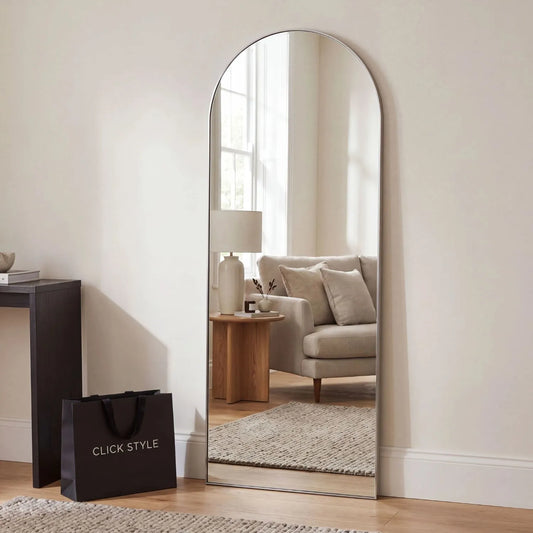 Full Length Arched Brushed Silver Metal Slim Framed Leaner Mirror 200x70x3cm styled in contemporary neutral living room | Click Style