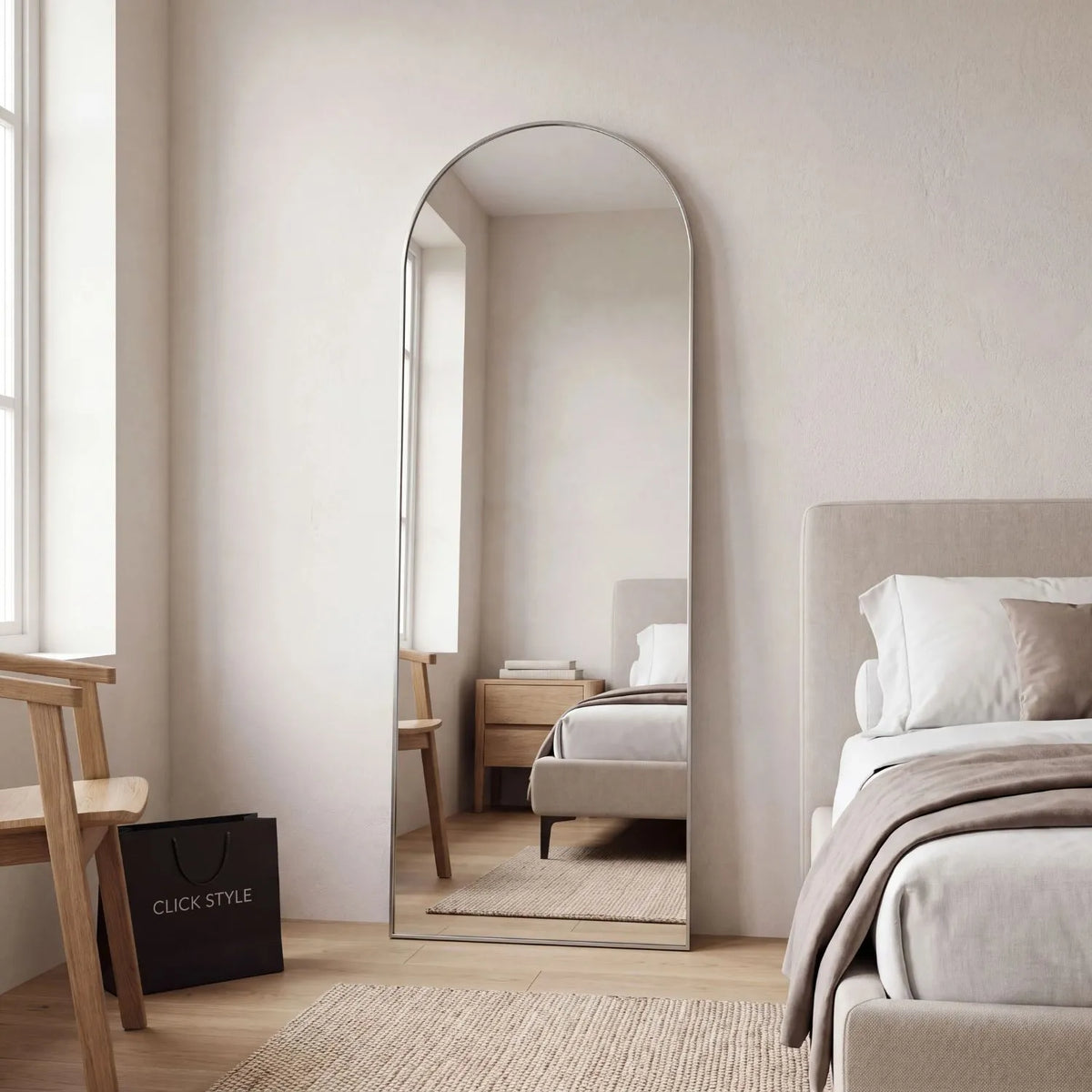 Full Length Arched Brushed Silver Metal Slim Framed Leaner Mirror 200x70x3cm styled in contemporary neutral bedroom | Click Style