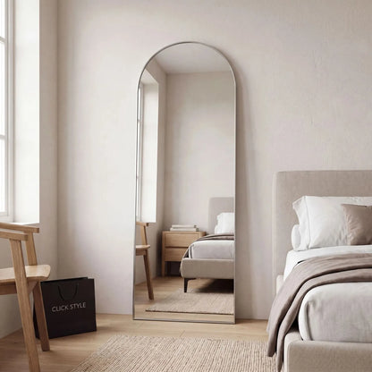 Full Length Arched Brushed Silver Metal Slim Framed Leaner Mirror 200x70x3cm styled in contemporary neutral bedroom | Click Style
