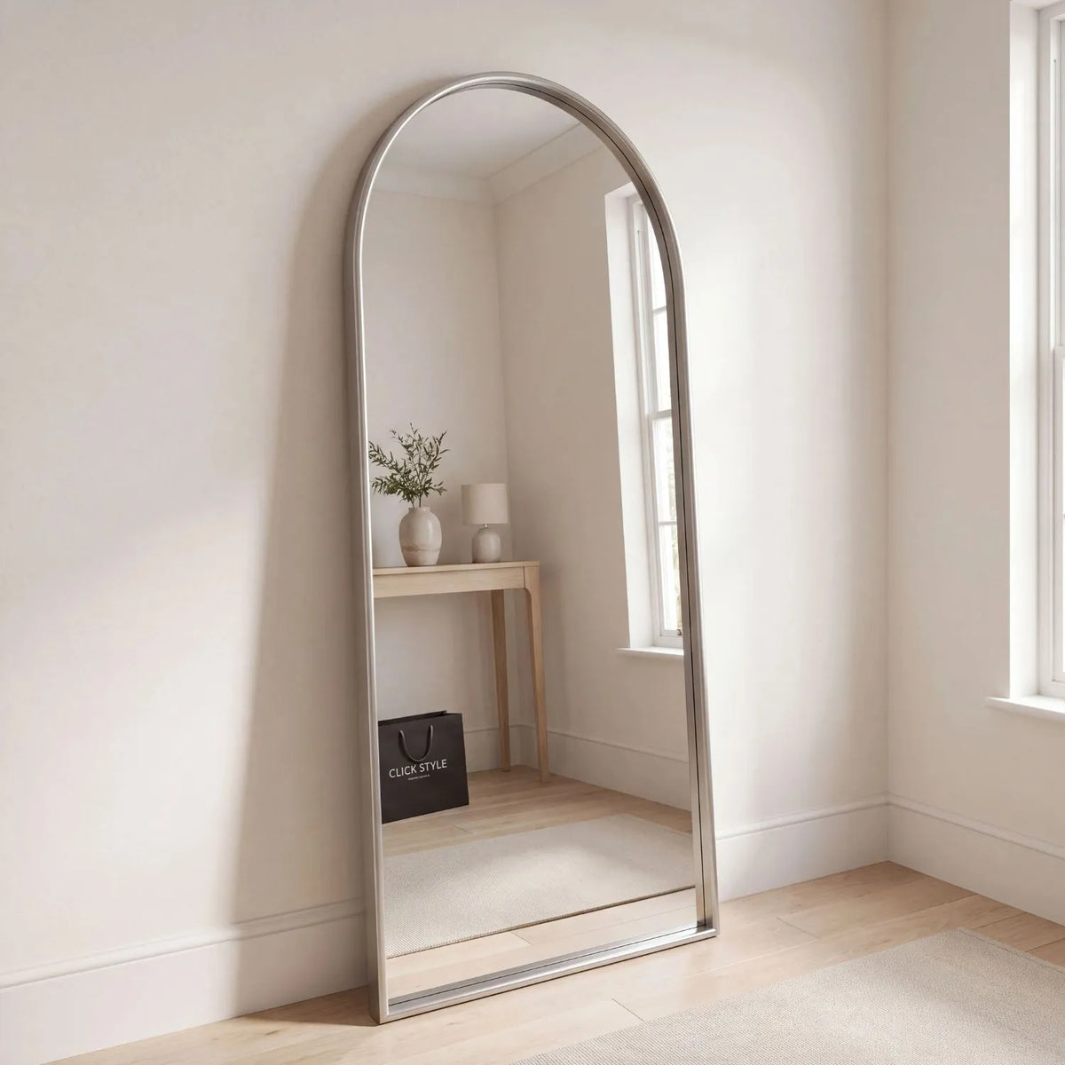 Full Length Arched Brushed Silver Metal Slim Framed Leaner Mirror 200x70x3cm styled in contemporary neutral hallway | Click Style