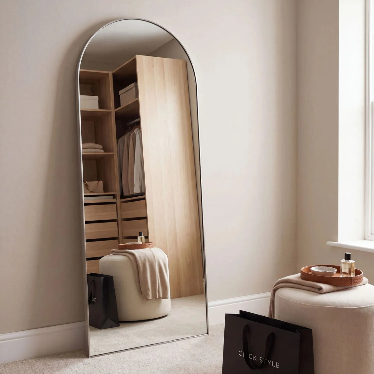 Full Length Arched Brushed Silver Metal Slim Framed Leaner Mirror 200x70x3cm styled in contemporary neutral dressing room | Click Style