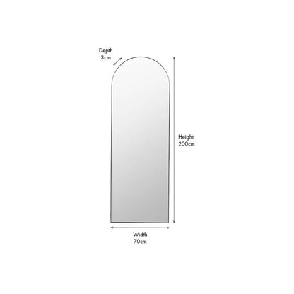 Full Length Arched Brushed Silver Metal Slim Framed Leaner Mirror 200x70x3cm front cut-out with dimensions | Click Style