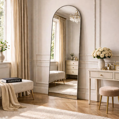 Full Length Arched Brushed Silver Metal Thin Framed Leaner Mirror – Contemporary Full Body Floor Standing or Wall Mounted Mirror for Bedroom, Dressing Room, Living Room or Hallway 200x70x3cm | Click Style