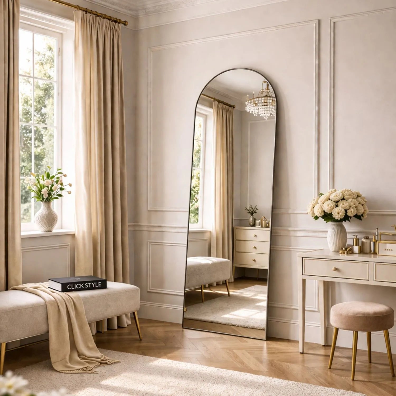 Full Length Arched Brushed Silver Metal Thin Framed Leaner Mirror – Contemporary Full Body Floor Standing or Wall Mounted Mirror for Bedroom, Dressing Room, Living Room or Hallway 200x70x3cm | Click Style