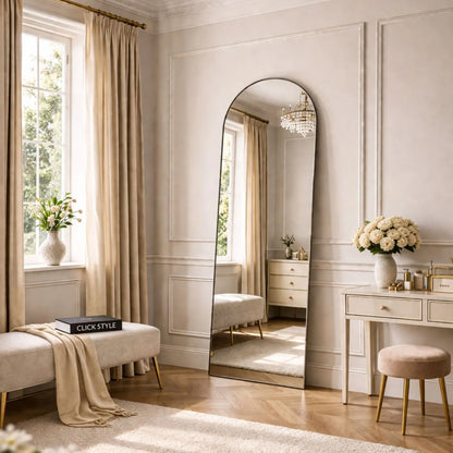 Full Length Arched Brushed Silver Metal Thin Framed Leaner Mirror – Contemporary Full Body Floor Standing or Wall Mounted Mirror for Bedroom, Dressing Room, Living Room or Hallway 200x70x3cm | Click Style