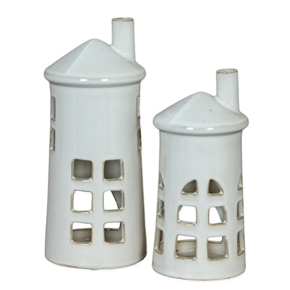 Glazed White Ceramic Lighthouse Tealight Holder with Chimney Cut-Out Windows & Door – Large Coastal Nautical Candle Holder 28x11x11cm | Click Style