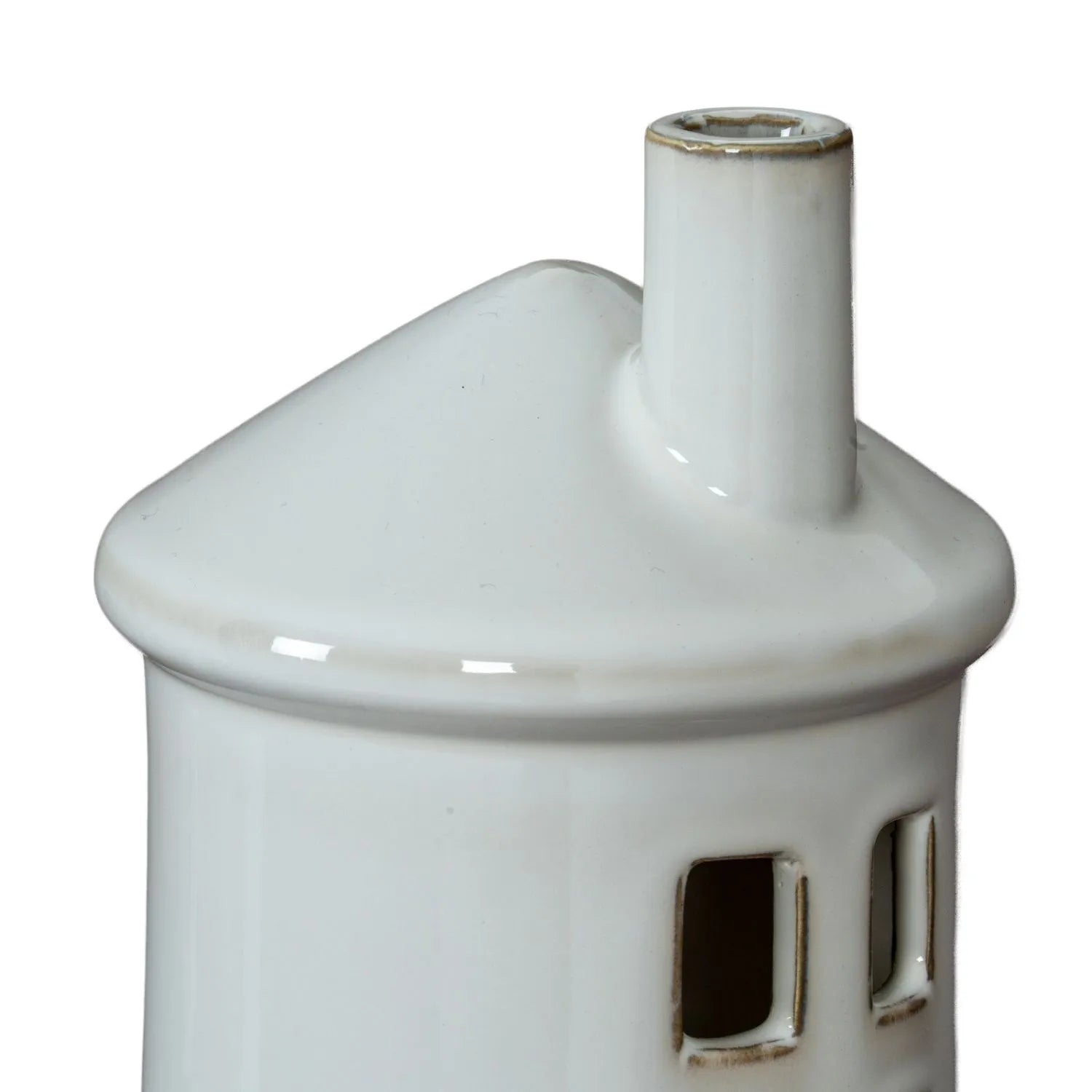 Glazed White Ceramic Lighthouse Tealight Holder with Chimney Cut-Out Windows & Door – Large Coastal Nautical Candle Holder 28x11x11cm | Click Style