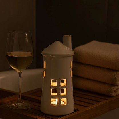 Glazed White Ceramic Lighthouse Tealight Holder with Chimney Cut-Out Windows & Door – Large Coastal Nautical Candle Holder 28x11x11cm | Click Style