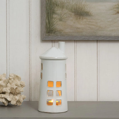 Glazed White Ceramic Lighthouse Tealight Holder with Chimney Cut-Out Windows & Door – Large Coastal Nautical Candle Holder 28x11x11cm | Click Style