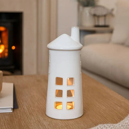 Glazed White Ceramic Lighthouse Tealight Holder with Chimney Cut-Out Windows & Door – Large Coastal Nautical Candle Holder 28x11x11cm | Click Style