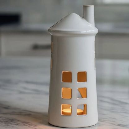 Glazed White Ceramic Lighthouse Tealight Holder with Chimney Cut-Out Windows & Door – Large Coastal Nautical Candle Holder 28x11x11cm | Click Style