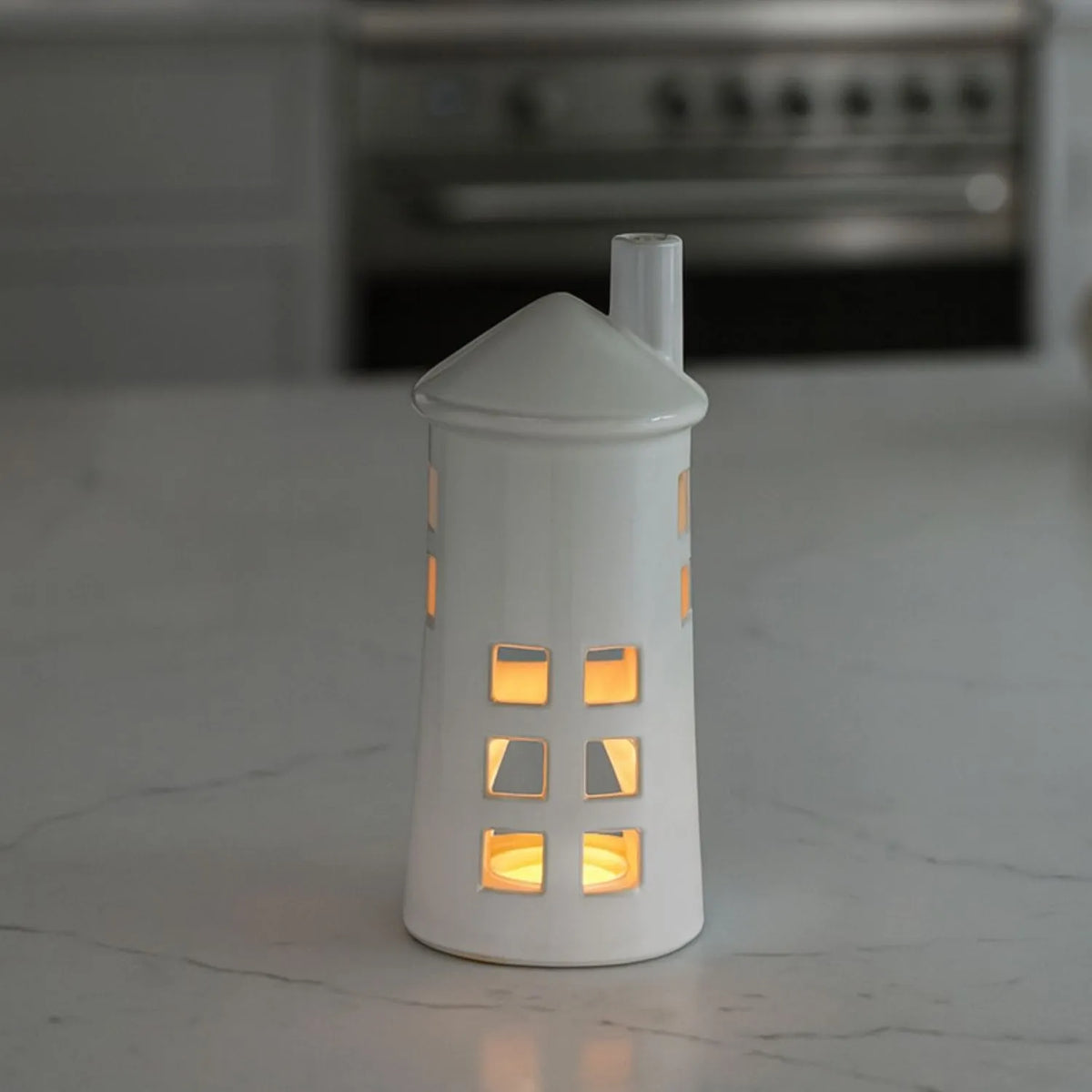 Glazed White Ceramic Lighthouse Tealight Holder with Chimney Cut-Out W ...