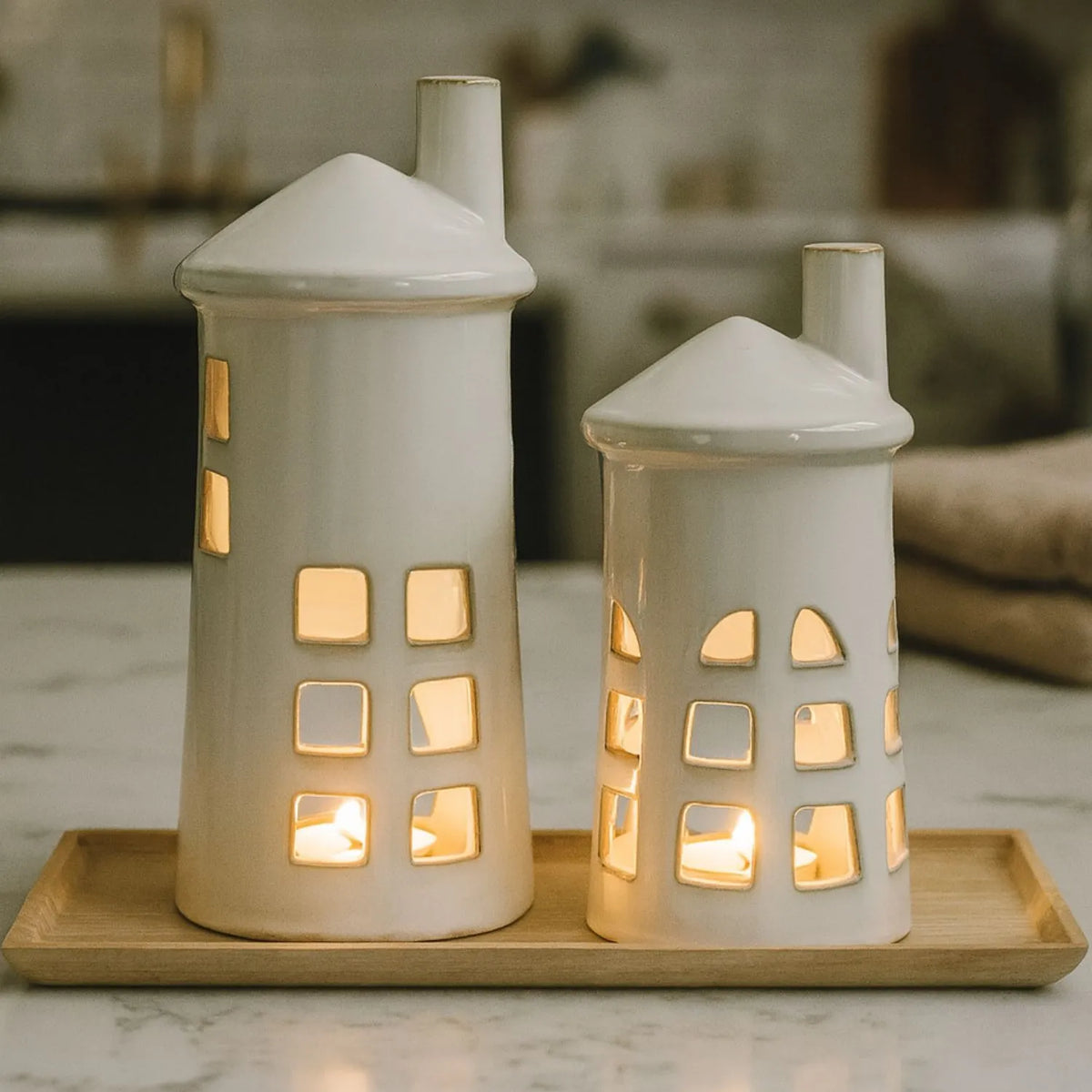 Glazed White Ceramic Lighthouse Tealight Holder with Chimney Cut-Out W ...
