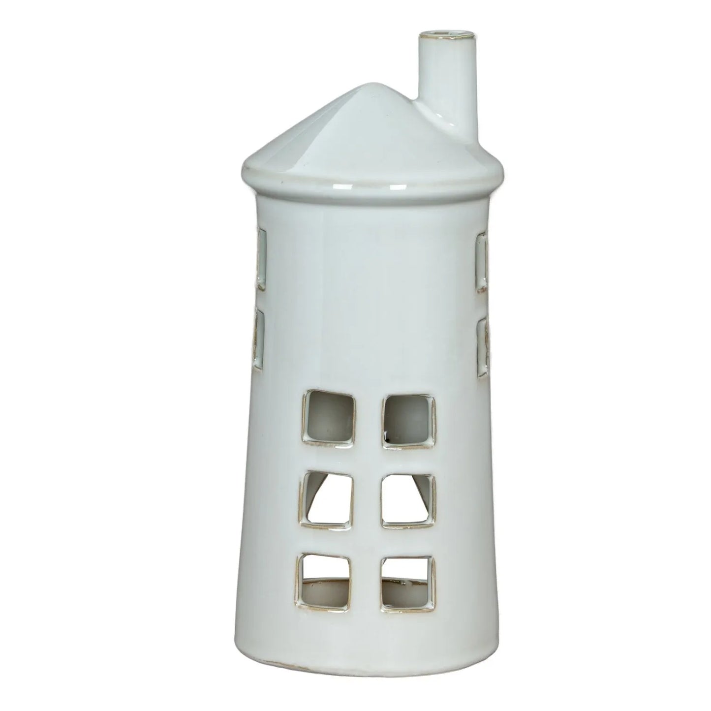 Glazed White Ceramic Lighthouse Tealight Holder with Chimney Cut-Out Windows & Door – Large Coastal Nautical Candle Holder 28x11x11cm | Click Style