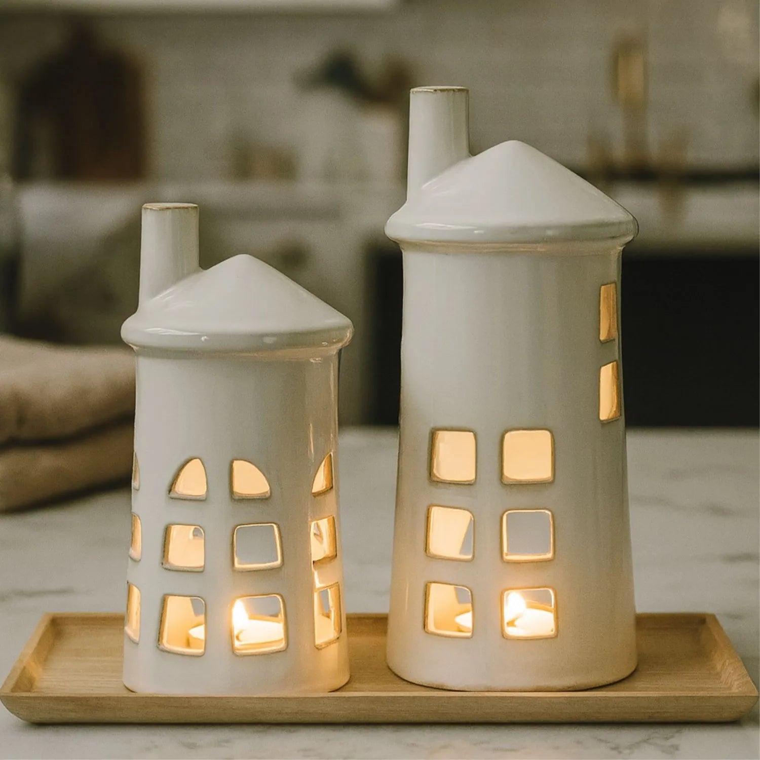 Glazed White Ceramic Lighthouse Tealight Holder with Chimney Cut-Out Windows & Door – Medium Coastal Nautical Candle Holder 23x11x11cm | Click Style