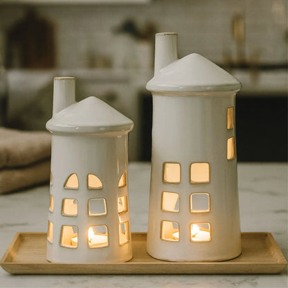Glazed White Ceramic Lighthouse Tealight Holder with Chimney Cut-Out Windows & Door – Medium Coastal Nautical Candle Holder 23x11x11cm | Click Style