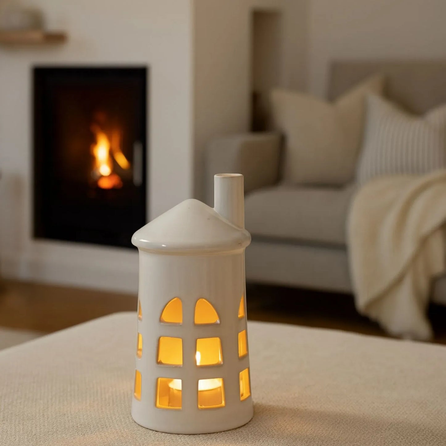 Glazed White Ceramic Lighthouse Tealight Holder with Chimney Cut-Out Windows & Door – Medium Coastal Nautical Candle Holder 23x11x11cm | Click Style