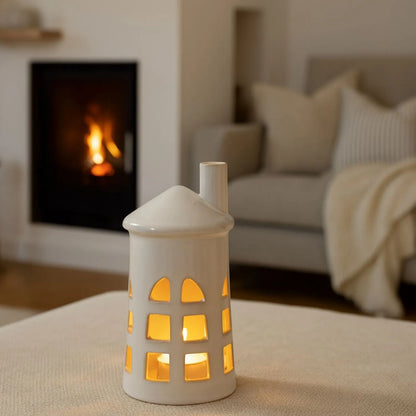 Glazed White Ceramic Lighthouse Tealight Holder with Chimney Cut-Out Windows & Door – Medium Coastal Nautical Candle Holder 23x11x11cm | Click Style
