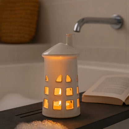 Glazed White Ceramic Lighthouse Tealight Holder with Chimney Cut-Out Windows & Door – Medium Coastal Nautical Candle Holder 23x11x11cm | Click Style