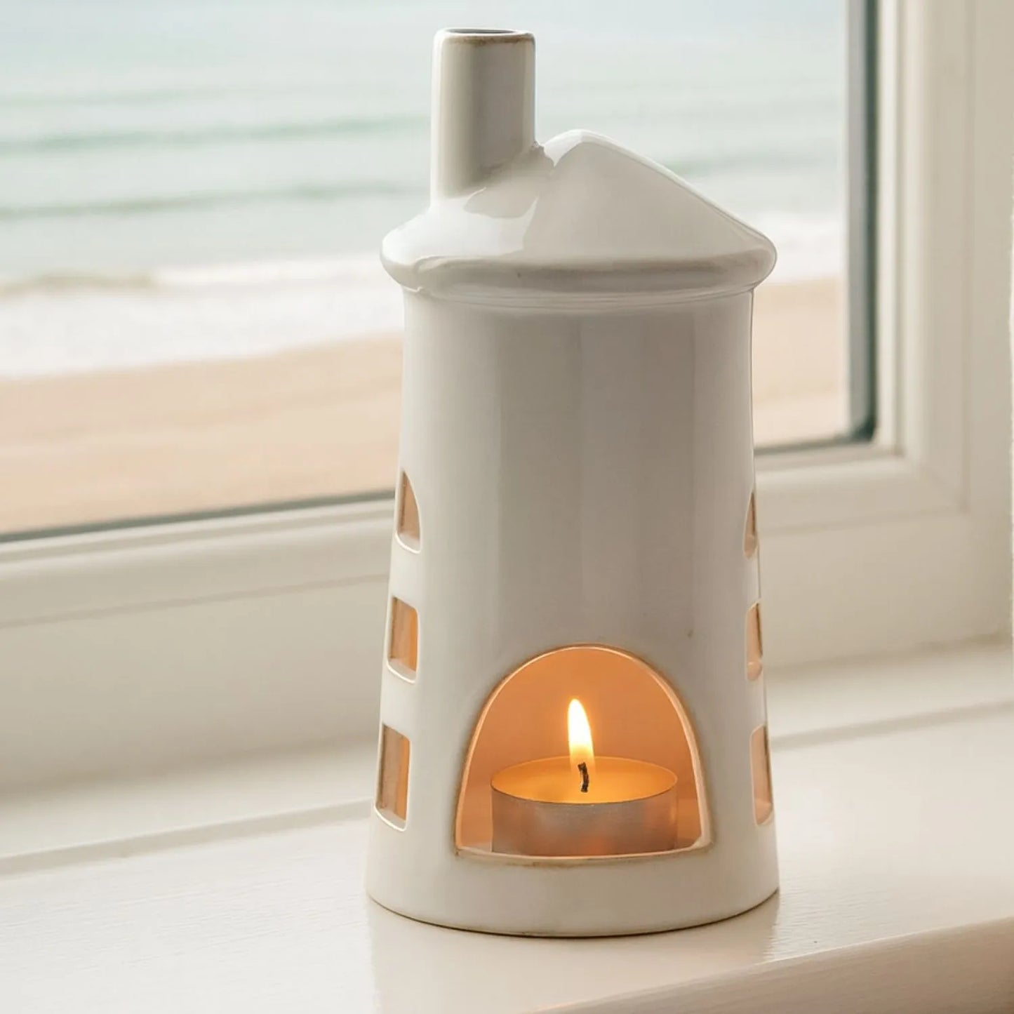 Glazed White Ceramic Lighthouse Tealight Holder with Chimney Cut-Out Windows & Door – Medium Coastal Nautical Candle Holder 23x11x11cm | Click Style