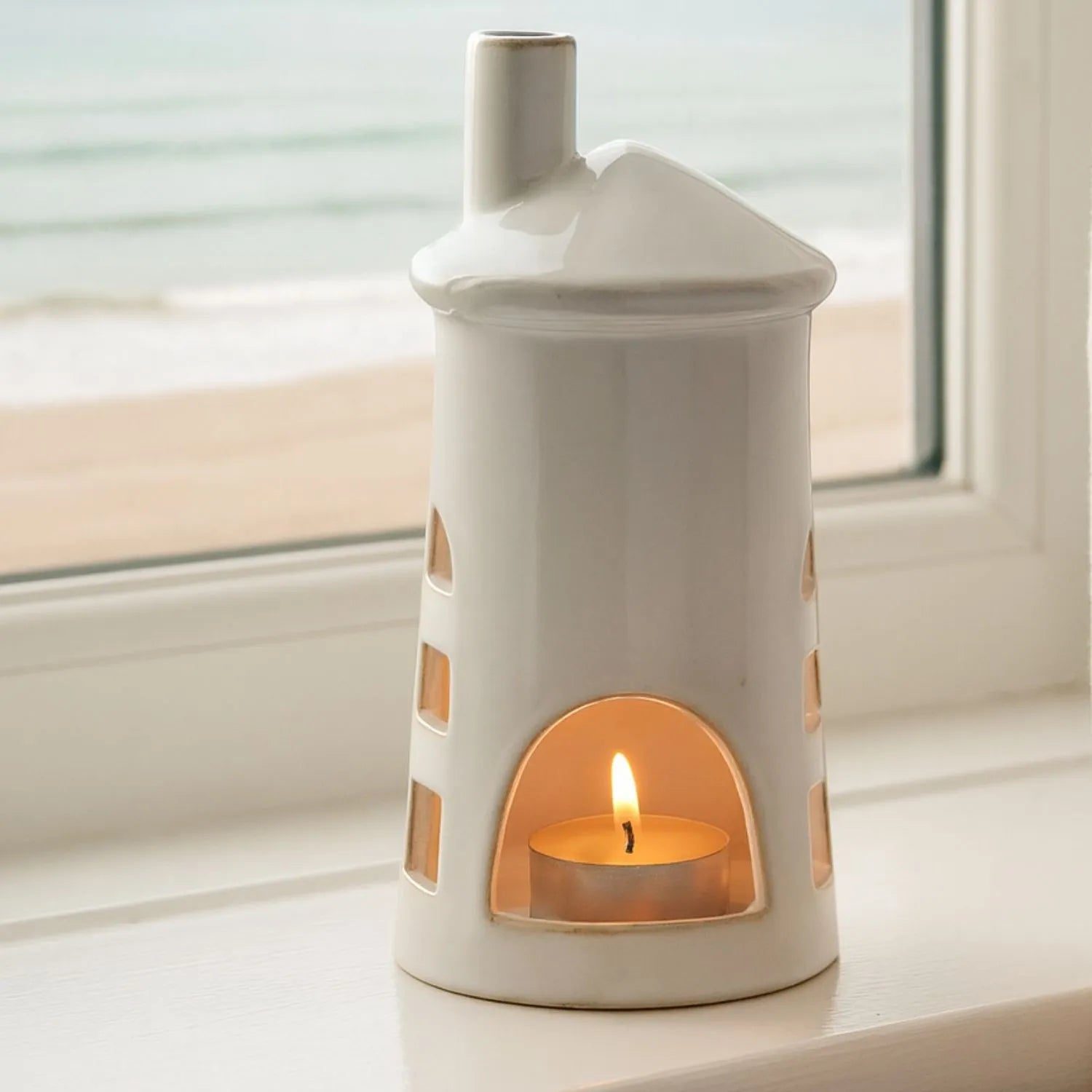 Glazed White Ceramic Lighthouse Tealight Holder with Chimney Cut-Out Windows & Door – Medium Coastal Nautical Candle Holder 23x11x11cm | Click Style