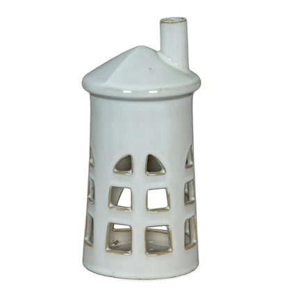 Glazed White Ceramic Lighthouse Tealight Holder with Chimney Cut-Out Windows & Door – Medium Coastal Nautical Candle Holder 23x11x11cm | Click Style