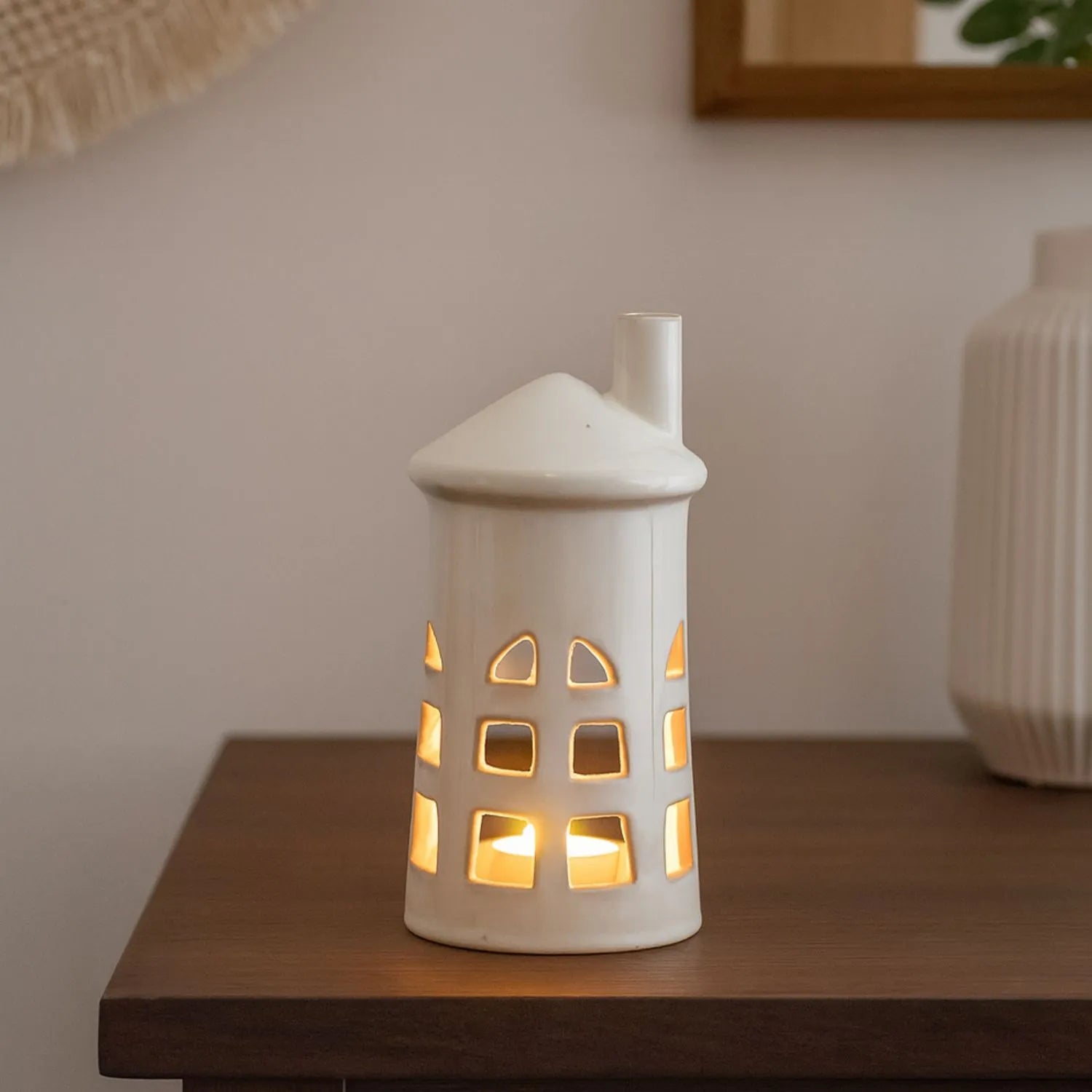 Glazed White Ceramic Lighthouse Tealight Holder with Chimney Cut-Out Windows & Door – Medium Coastal Nautical Candle Holder 23x11x11cm | Click Style