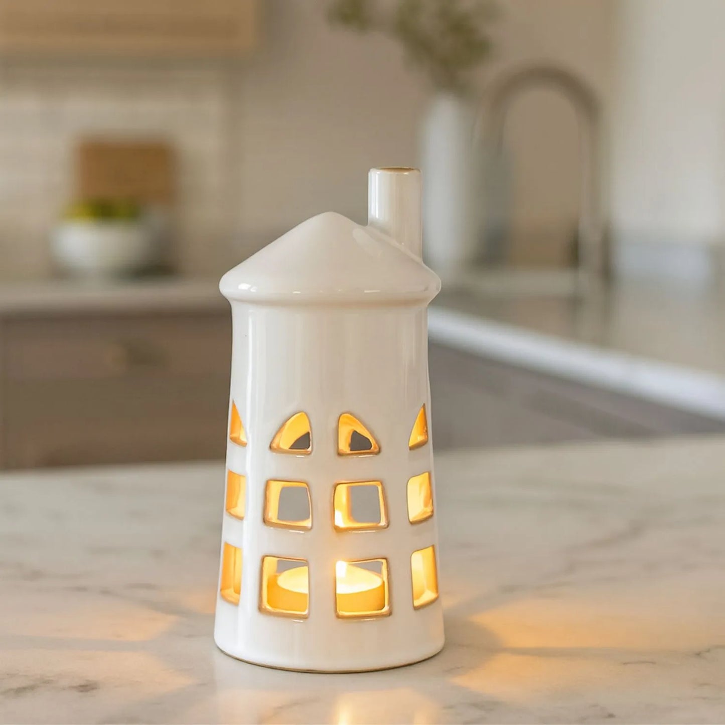Glazed White Ceramic Lighthouse Tealight Holder with Chimney Cut-Out Windows & Door – Medium Coastal Nautical Candle Holder 23x11x11cm | Click Style