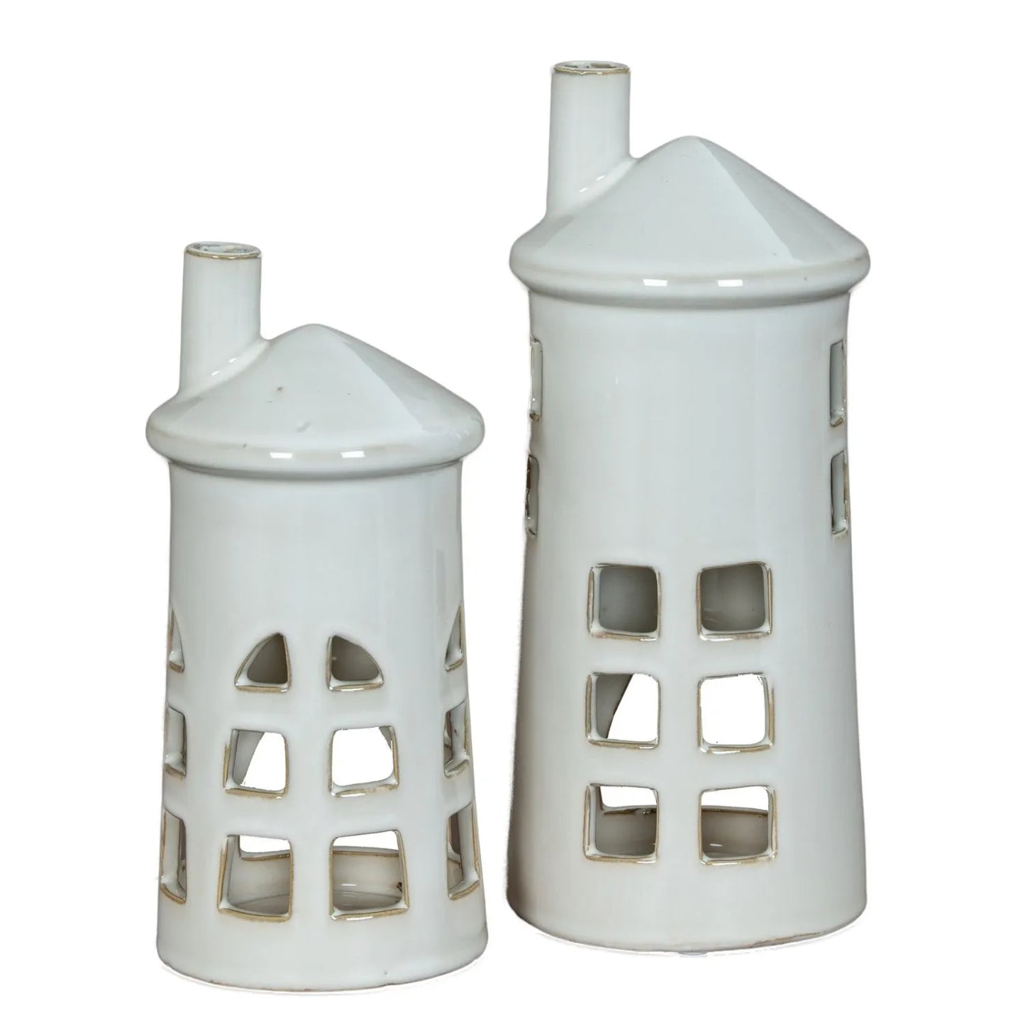 Glazed White Ceramic Lighthouse Tealight Holder with Chimney Cut-Out Windows & Door – Medium Coastal Nautical Candle Holder 23x11x11cm | Click Style