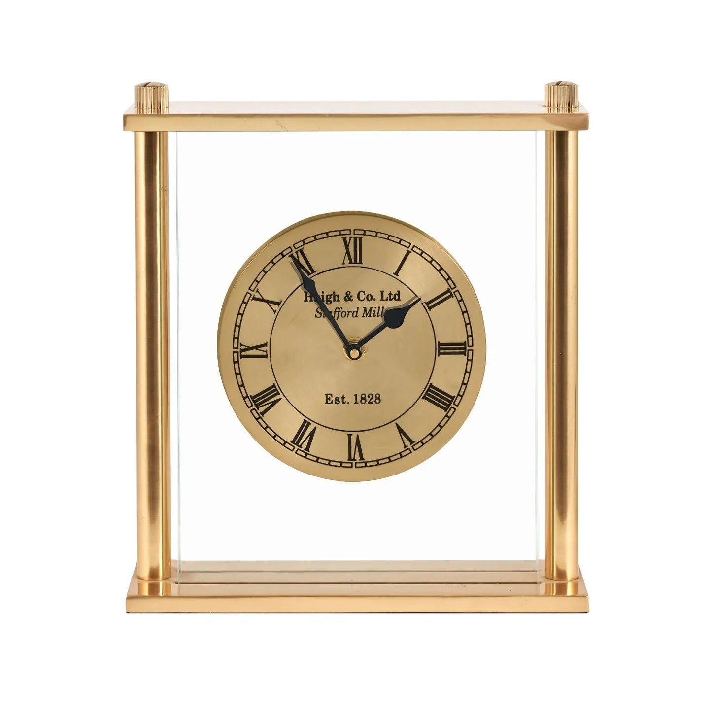 Gold Frame Standing Table Mantel Clock with Glass Panels Roman Numerals & Black Hands 28x25.5x7.5cm - Click Style