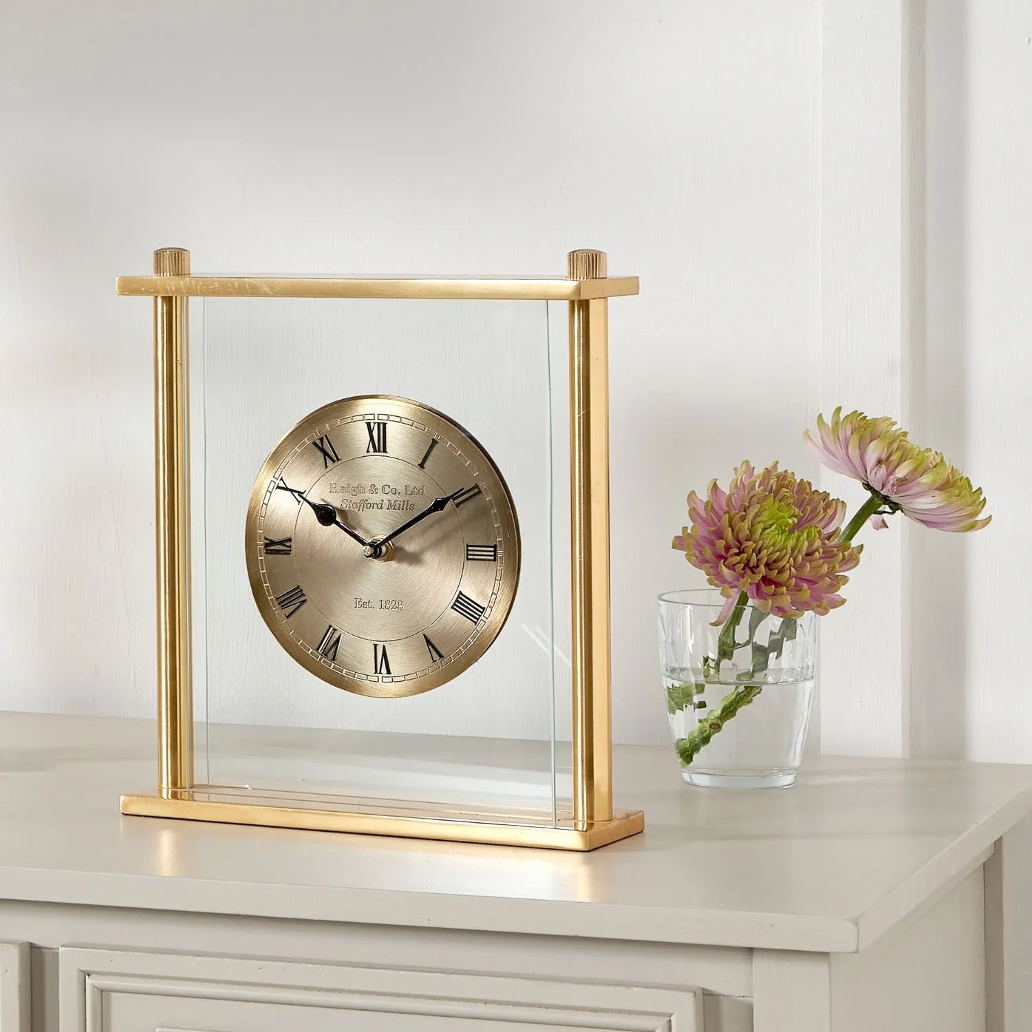 Gold Frame Standing Table Mantel Clock with Glass Panels Roman Numerals & Black Hands 28x25.5x7.5cm - Click Style