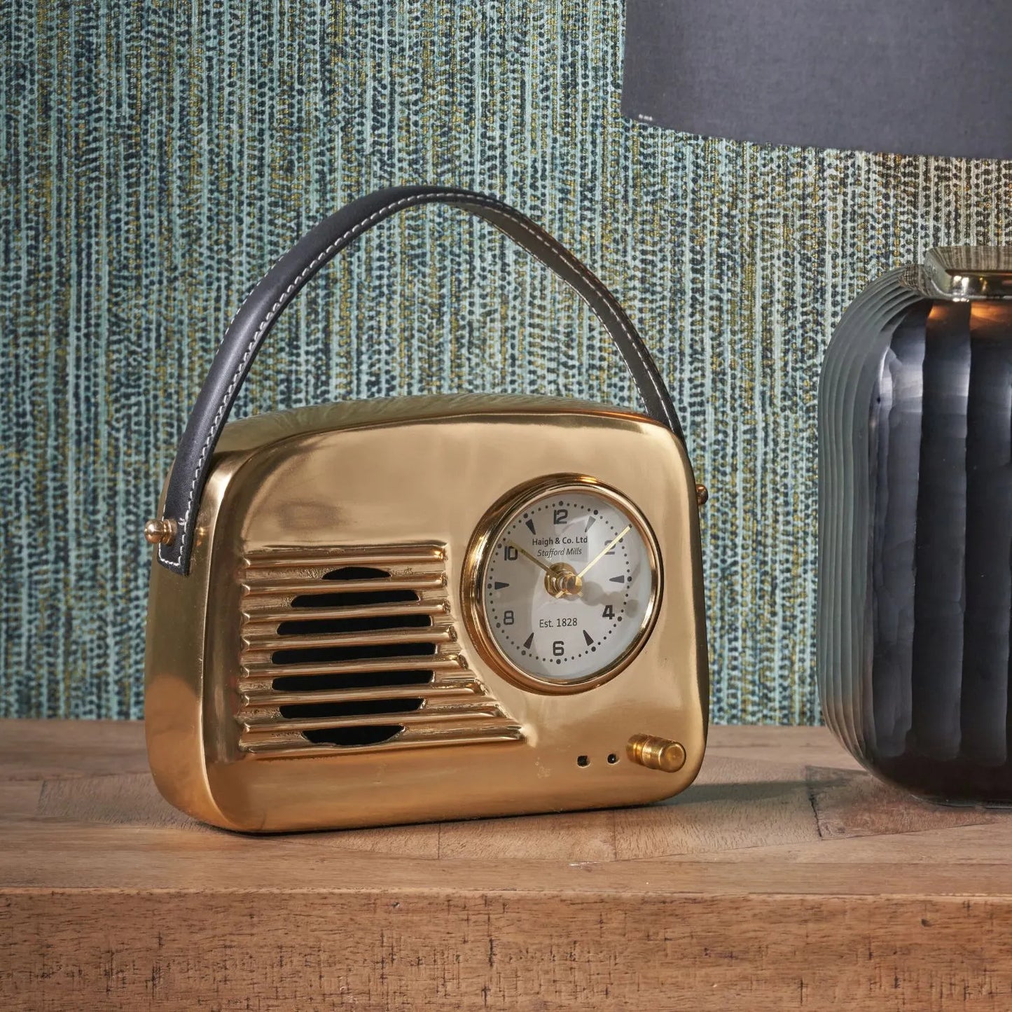 Gold Metal Retro Radio Style Table Clock with White Face Gold Hands Arabic Numerals & Leather Handle 24x16x5cm - Click Style